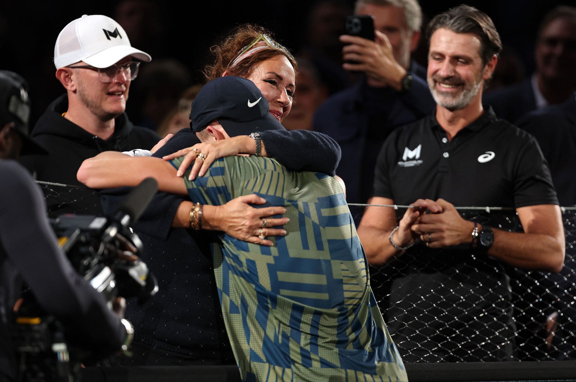 Holger Rune hugging mother Aneke at the Rolex Paris Masters